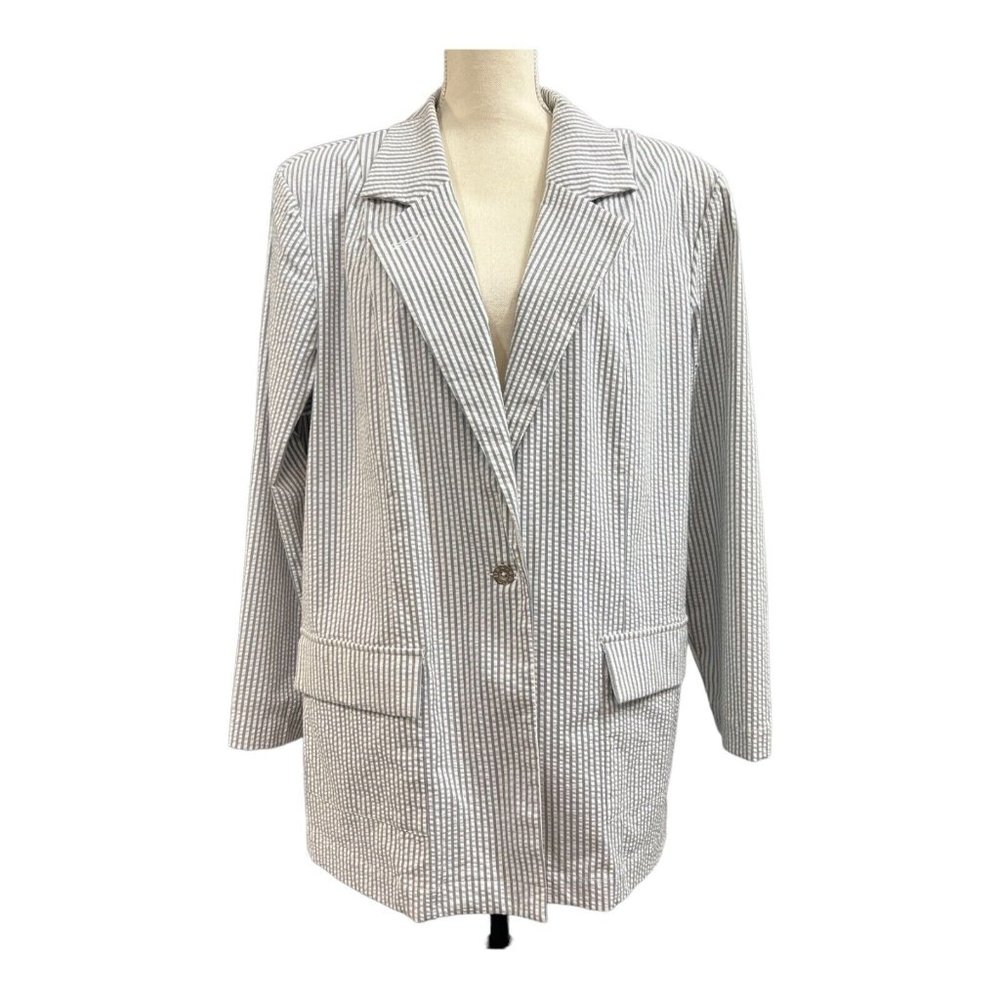 Denim & Co Womens 1X Seersucker Jacket Oversized Blue Striped Stretch Button